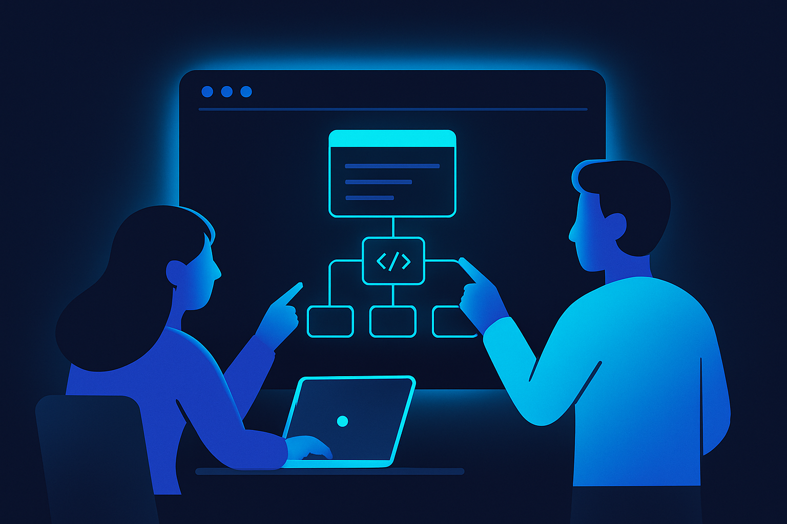 Developers collaborating and pointing at a web scraping diagram on a computer screen.