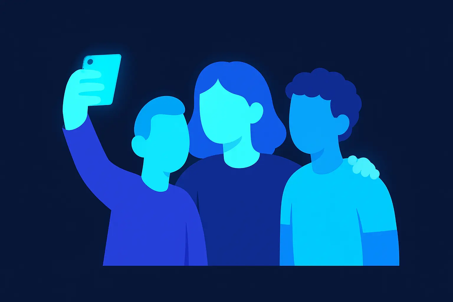 A group of friends taking a selfie with a caption text overlay on the image.