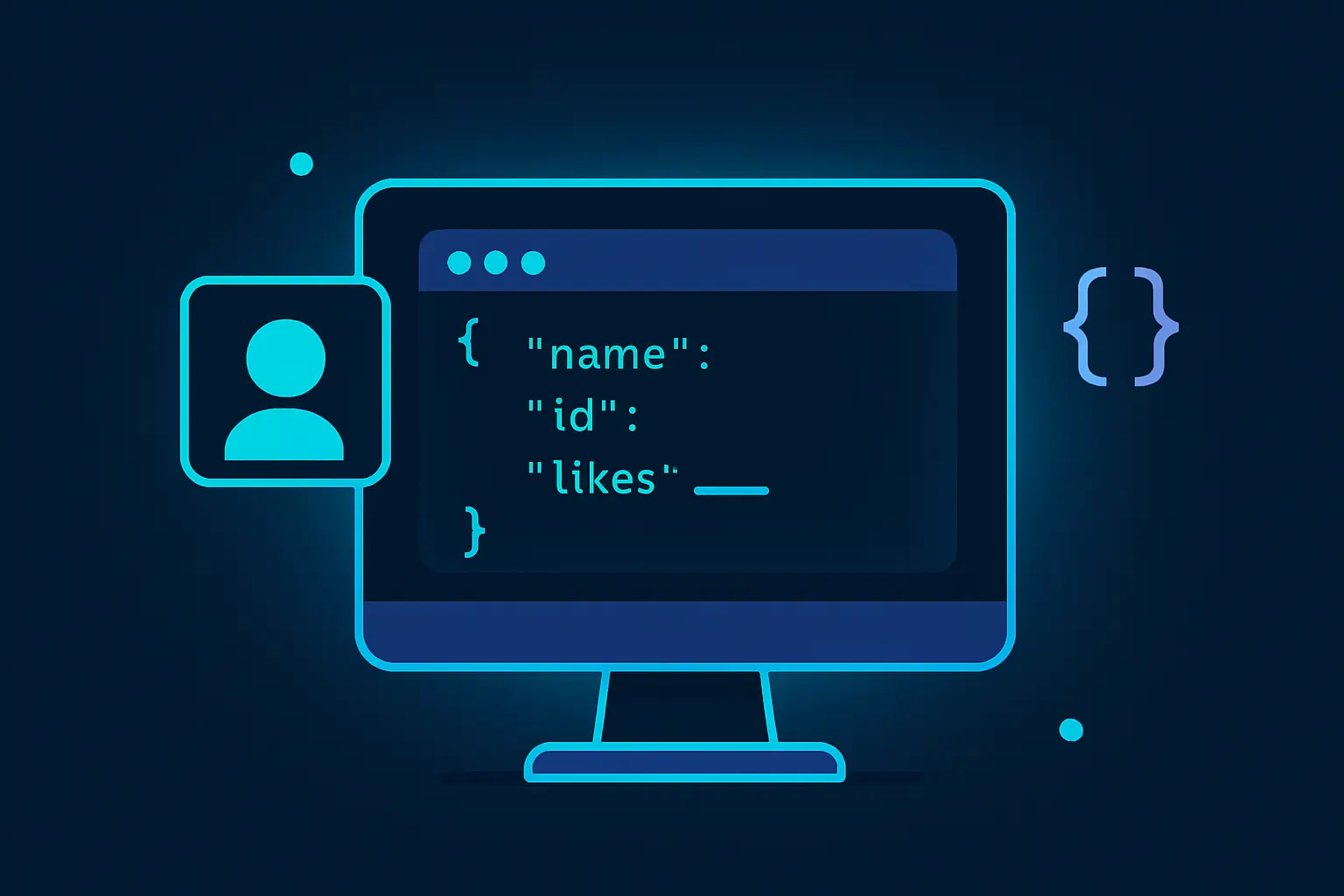 Illustration of a computer screen displaying JSON data extracted from a Facebook page