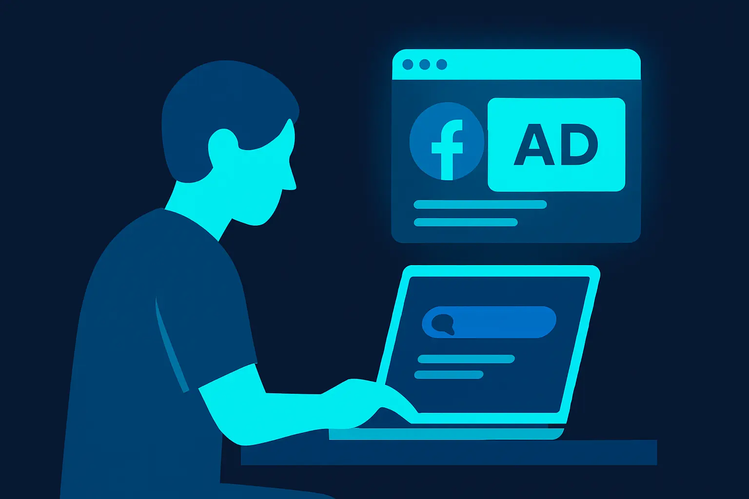 Illustration of a developer using a laptop to access the Facebook Ad Library.