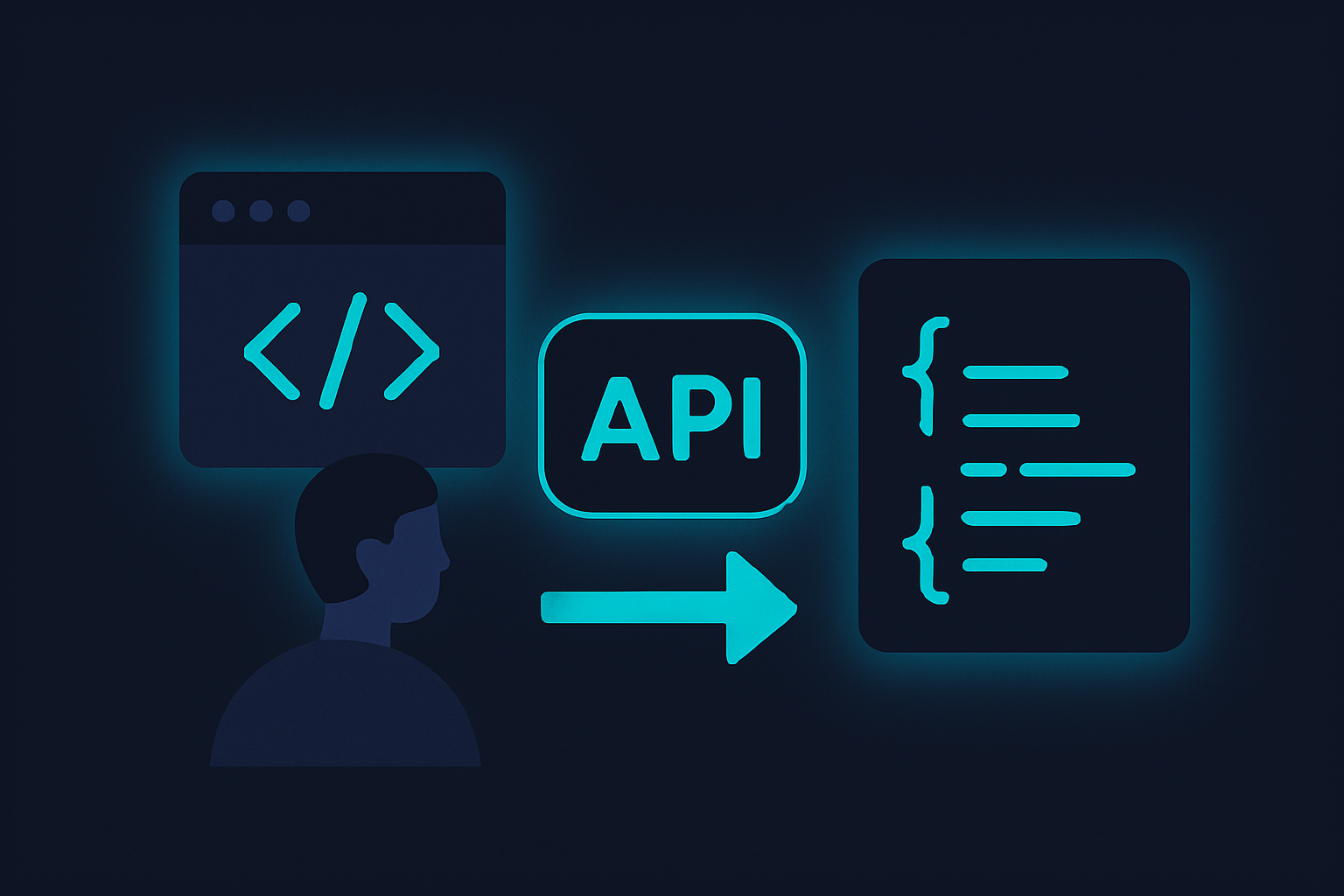 Illustration of an API process with JSON data output.