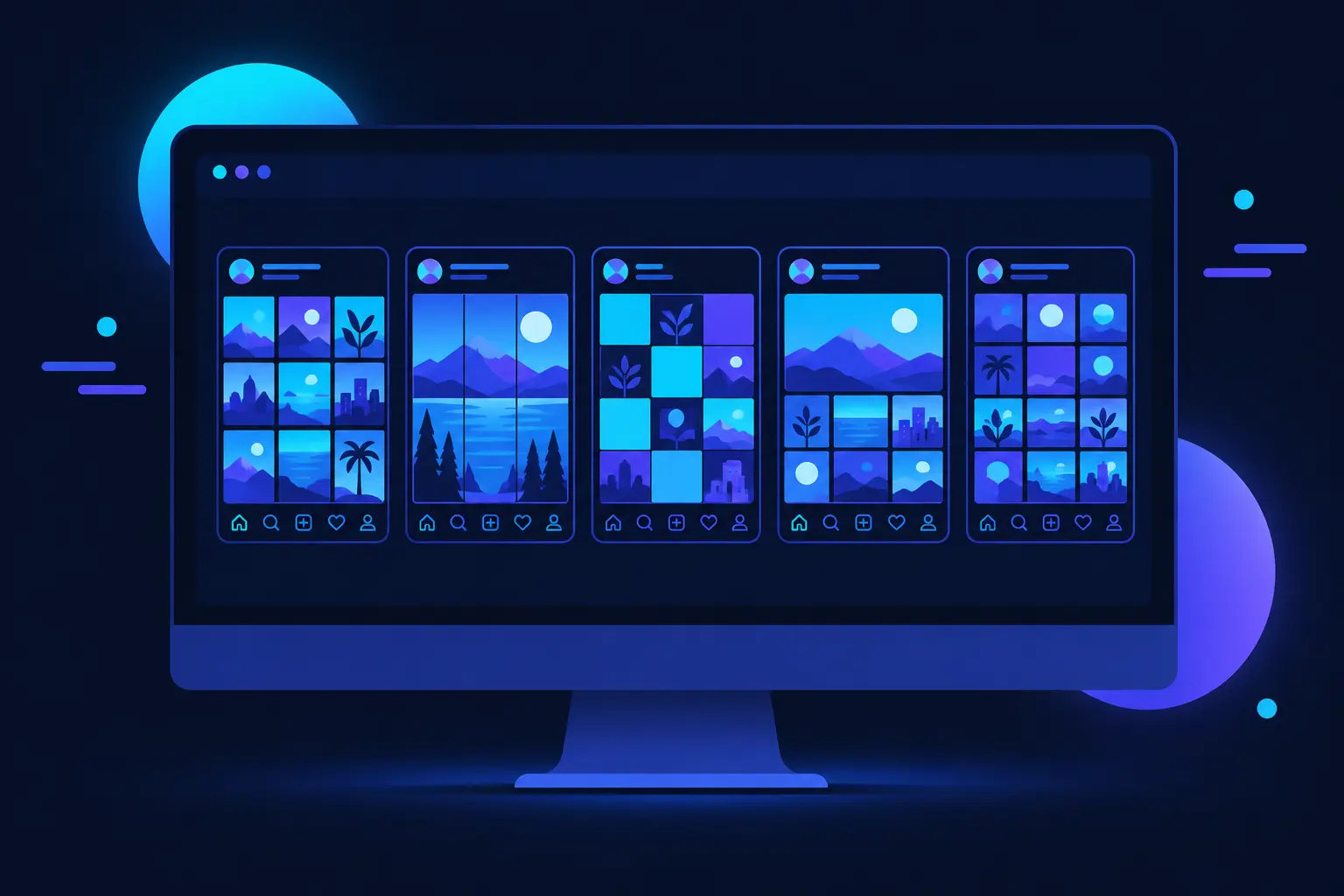 A visual diagram outlining different types of Instagram grid layouts on a computer screen.