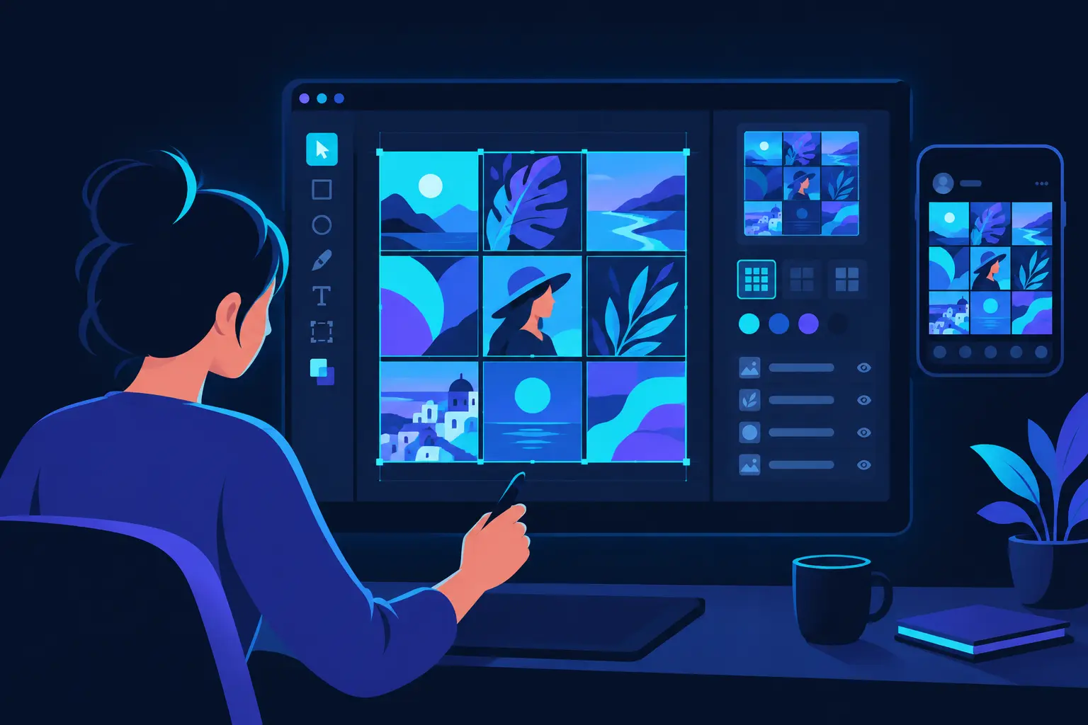 An illustration of a designer creating an Instagram grid layout using a graphic design tool.