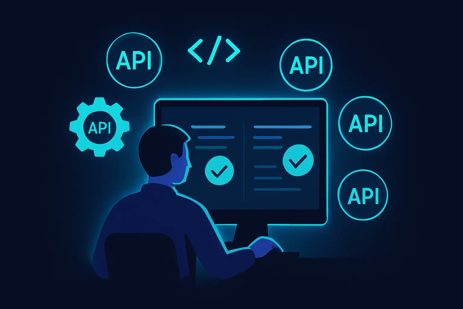 A developer surrounded by API symbols comparing different API providers on a screen.