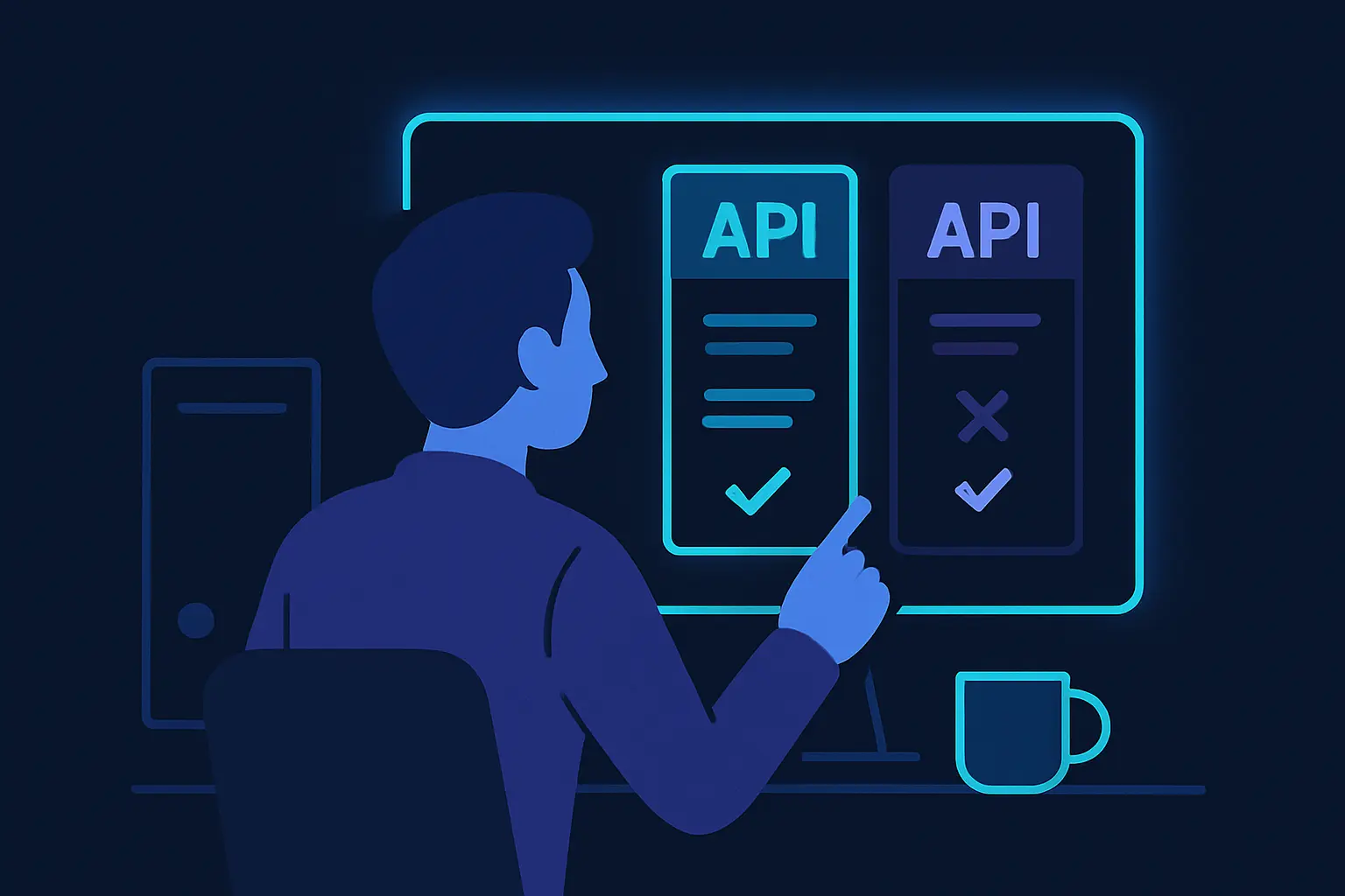 A developer comparing features of different API tools on a computer screen.