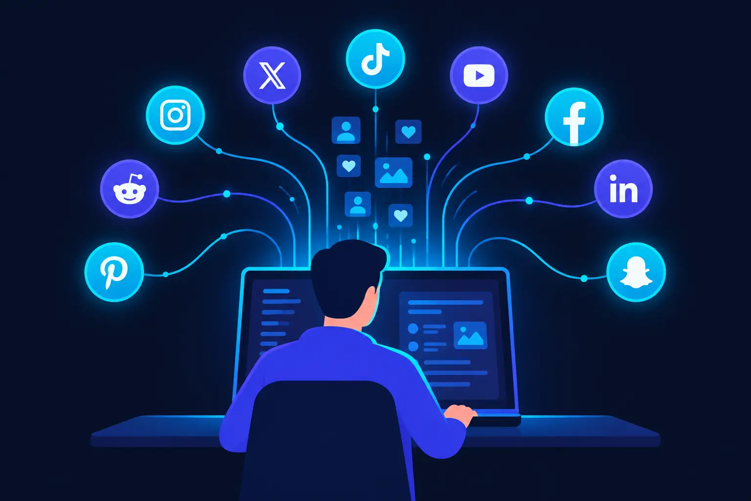Illustration of a person sitting at a computer with social media icons floating around them, symbolizing data collection.