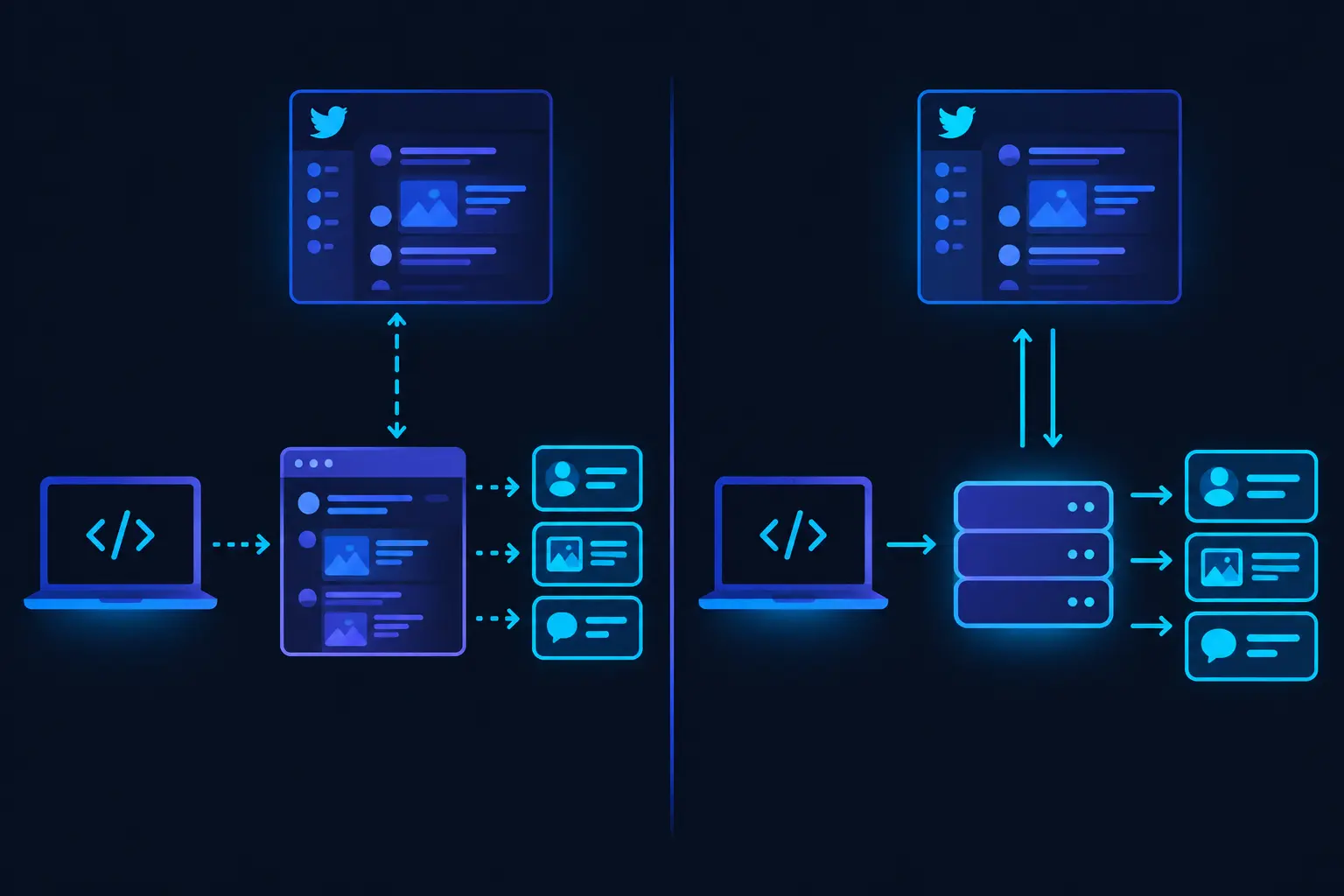 Diagram showing the difference between direct web scraping and using an API for accessing social media data.
