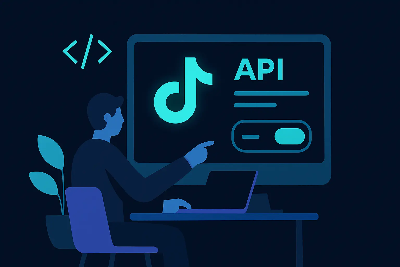 Illustration of a developer setting up API access on a computer screen with TikTok logo.