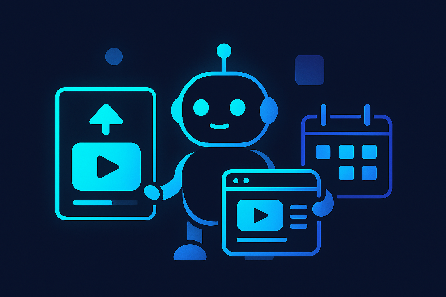 Illustration of a robot managing YouTube video uploading and scheduling.